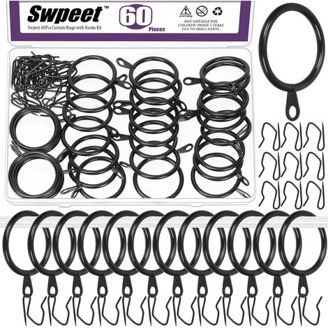 60Pcs 32mm/1.3" Diamètre intérieur Bague de Rideau en métal Noir avec Pin-on Drapery Crochets Kit d'assortiment, Drape Coulissant Eyelet Bague métal, pour Rideau de Douche de Porte de fenêtre (1/5)