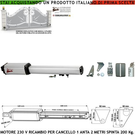 Pistone Cancello Automatico 2 Metri Motore 220 V Corsa 300 MM con Sblocco a Chiave Ricambio Automazione Originale Securvera con Finecorsa Meccanici Completo di Staffe Bulloni Condensatore 16 µF 400 V (1/4)