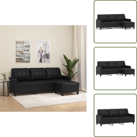 The Living Store Canapé à 3 places avec repose-pieds Noir 180 cm Similicuir - Canapé Trois Places - Canapé Avec Repose-pieds - Canapé Noir - Canapé Similicuir - Meuble Salon