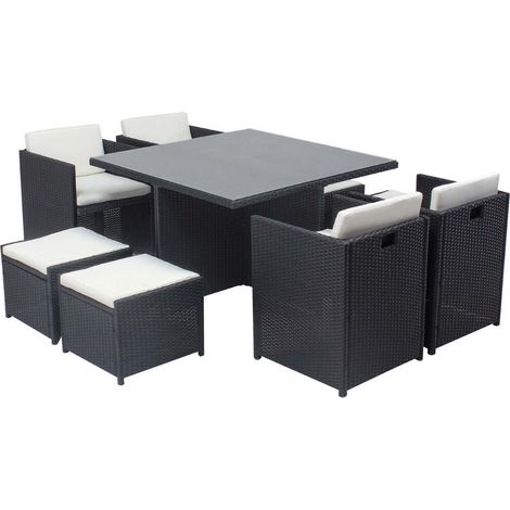 Table et chaises 8 places encastrables en résine noir-blanc MIAMI (1/5)