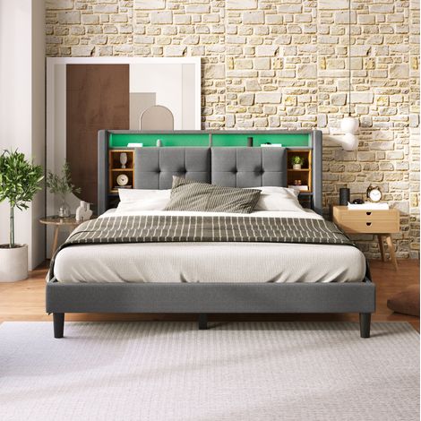 Lit double en bois massif, lin et métal gris 140x200 cm avec tête de lit rangement, USB, prises, LED et sommier inclus (1/5)
