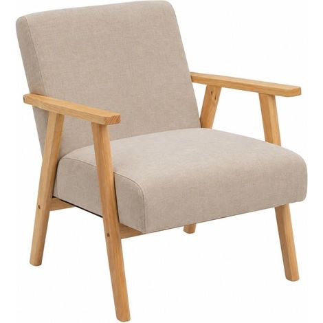 Fauteuil - JUANIO - Fauteuil scandinave vintage - Tissu chenille beige - Accoudoirs bois massif - Assise 56x54 cm (1/5)