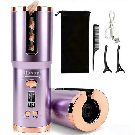 Fer à friser rotatif automatique, sans fil, en céramique, 6 niveaux de température, rechargeable, compact, pour voyage et extérieur, violet (1/5)