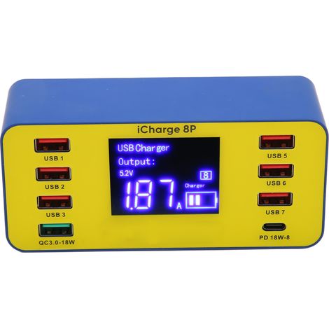 Chargeur USB numérique 8 ports 60 W avec ports USB QC3.0 PD, station de charge multiple pour smartphones et tablettes, prise UE 100-240 V (1/4)