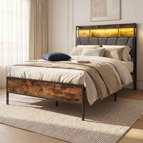 Lit adulte 90x200 cm avec LED et ports USB, lit simple, tête de lit avec rangement, cadre en métal, style industriel, Gris (1/5)