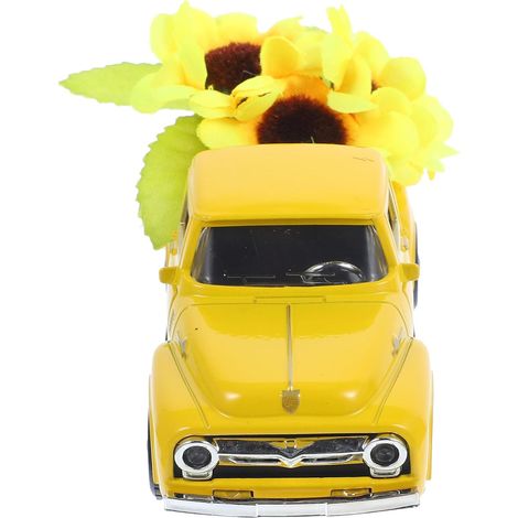 Ornement Camion Vintage Jaune en Métal avec Fleurs Artificielles pour Décoration de Table, Plateau à Étages en Plastique et Tissu Soie, Centre de Table pour Fêtes et Étagère (1/5)