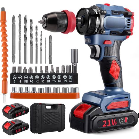 Cordless drill, 21V electric drill and 2-in-1 electric screwdriver with two 2.0Ah batteries, 21-in-1 brushless impact driver with high torque, 55N.m max, 2 speeds, LED light, 30-piece drill bit (1/5)