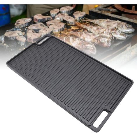 [Grille/Planche à Griller Rectangulaire Reversible] en Acier Pré-Saisonné Double Brûleur, Anti-Adhérent avec Poignées pour Cuisine Familiale 46x26x1.5cm (1/4)