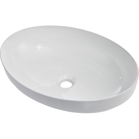 Lavabo vasque ovale en céramique à bord fin – Moderne blanc brillant, vasque à poser, sans trou pour robinet, design artistique en porcelaine, compatible avec robinet mural – Dimensions : Ovale 5036A3 (1/5)