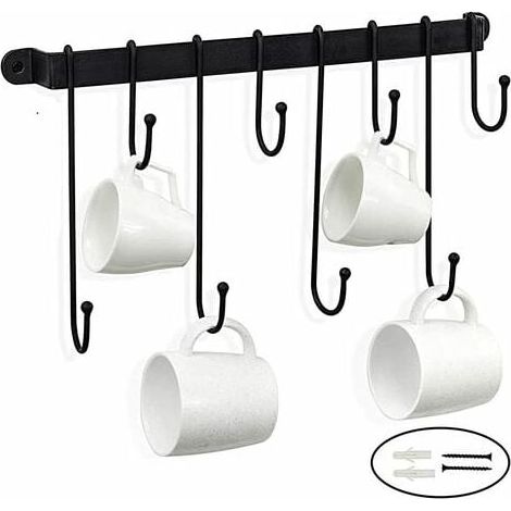 Soporte para ollas de 40 cm con 8 ganchos adhesivos para montaje en pared, barra resistente para utensilios de cocina, estantes, cacerolas, tapas y utensilios de cocina, color negro (1/5)