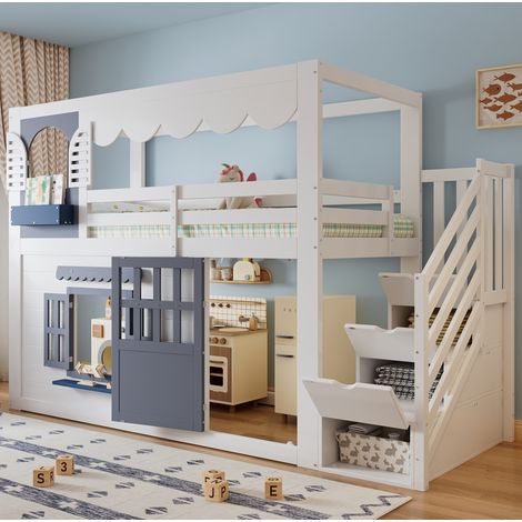 Letto semialto per bambini a casetta 90x200 cm bianco e blu con scala contenitore (1/5)