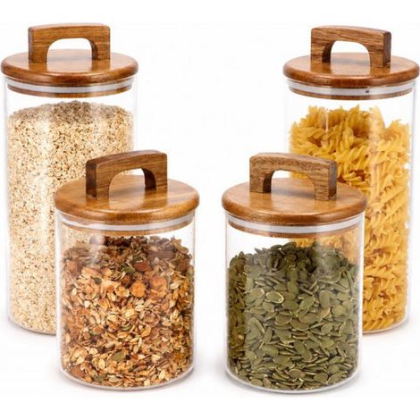 Vorratsgläser aus Glas mit Deckeln aus Akazienholz – 4er-Set Vorratsgläser mit Deckel – BPA-frei – Luftdichter Verschluss (1/5)