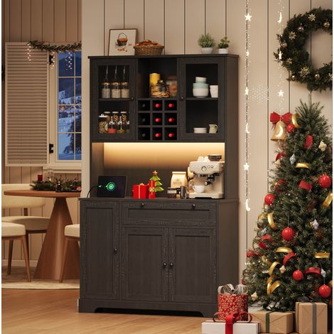 Credenza da cucina con LED, prese e USB, 105 x 40 x 180 cm, nera HAVRYA (1/5)