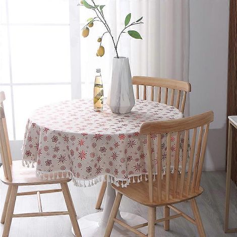Nappe ronde moderne et simple de Noël en coton et lin, imprimée à chaud, avec pompons, idéale pour le salon ou la table basse. Motif cerf, 150 cm. (1/5)