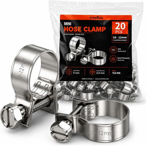 Collier de Serrage Tuyau 10-12mm, 20 Pièces Collier Durite Essence en Acier Inoxydable 304, Collier Durite à Serrage par Boulon, Colliers Injection Renforcé pour Carburant Automobile et Petits Moteurs (1/5)