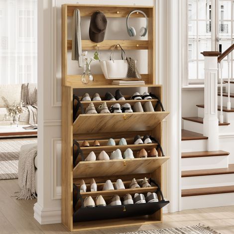 Meuble à chaussures moderne avec crochets, 3 compartiments de rangement rabattables, adapté au couloir, aspect bois naturel + noir, B75/H180/T24 cm (1/5)