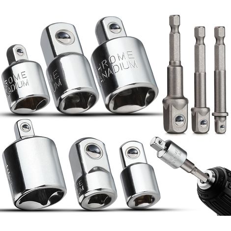Adaptateur Douille Set 3 Pièces 3/8", 1/2", 1/4" Douille Visseuse a Choc et 6 Pièces Adaptateur 1/4 vers 1/2, 1/4 vers 3/8, 1/2 vers 1/4, 1/2 vers 3/8, 3/8 vers 1/4, 3/8 vers 1/2 Clé à Douille (1/5)