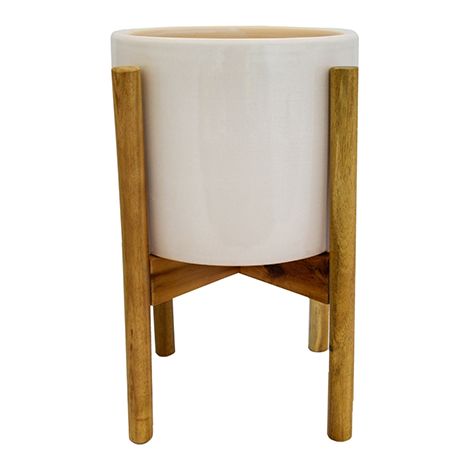 Anzio Stone Planter with Wooden Stand - Ceramic - L24 x W24 x H38.5 cm - White
