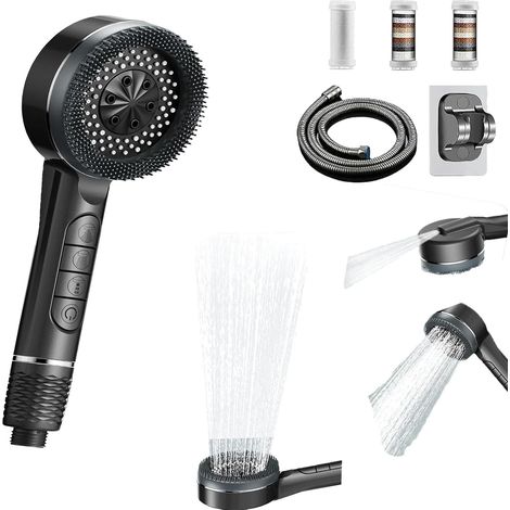 Duschkopf Set mit Filter, 1,5M Schlauch und Halterung 4 Strahlarten Hochdruck Handbrause mit Massagefunktion für Dusche Badewanne, Wasserspar Duschkopf für Entfernen Vom Rest-chlor (Grau) (1/4)