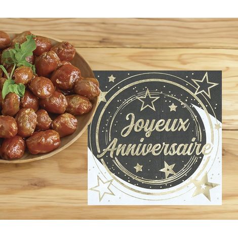 Lot de 20 serviettes jetables Joyeux Anniversaire 16 x 16 cm Décoration de table pour fêtes et célébrations élégantes Idéal pour événements et fêtes Noir, or, blanc (1/5)