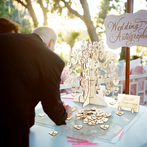 Cadre Arbre en Bois pour Livre d'Or avec Support - Registre de Mariage Rustique Unique incluant 100 Cœurs en Bois