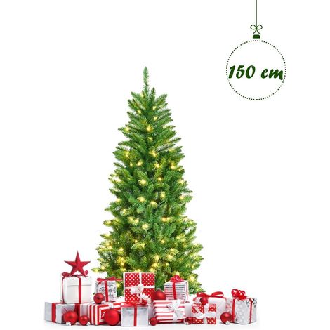 GOPLUS Sapin Artificiel de Noël 150CM,en PVC Ignifuge avec 150 Éclairages,Arbre à Aiguille 300 Branches,en 2 Sections,Vert (1/5)