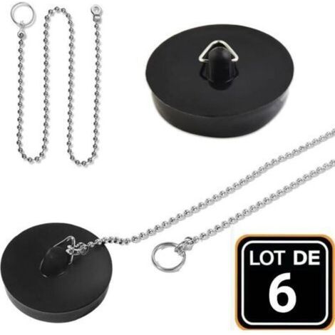 Lot de 2 bouchons de vidange en caoutchouc avec chaîne de blocage de 10 cm - Pour baignoire, cuisine, salle de bain - 45 mm - Noir
