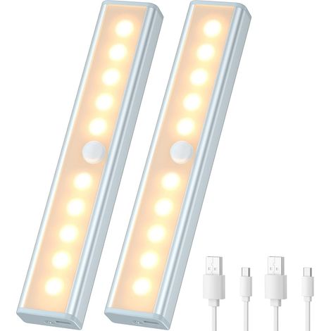 2 Stück kabellose Schrankleuchte mit Bewegungsmelder, per USB wiederaufladbare Sensor-Schrankleuchte, selbstklebender Magnetstreifen, 10 LEDs für Treppen/Schlafzimmer/Garderobe (1/5)