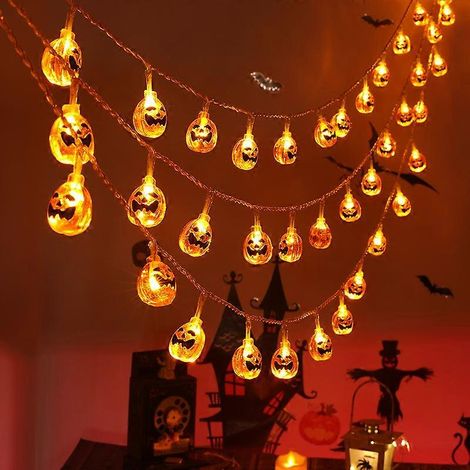Guirlande lumineuse d'Halloween, LED en forme de citrouille, alimentée par piles, compatible avec les décorations de jardin et de fête d'Halloween. (1/5)