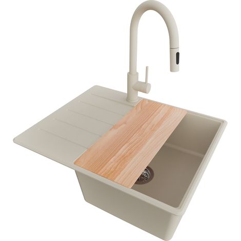 PRIMAGRAN Evier Cuisine en Granit 62x50cm, Lavabo 1 bac + Robinet 40x20cm + Kit de Vidage + Accessoire, Évier à Encastrer au meuble 45cm - Copenhague, Beige (1/5)