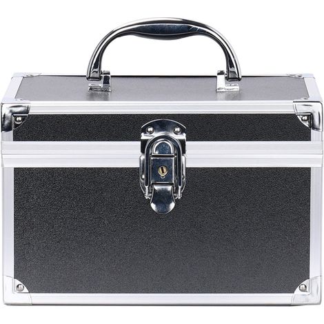 Boîte de rangement cosmétique portable avec serrure, idéale pour ranger bijoux et accessoires de maquillage.