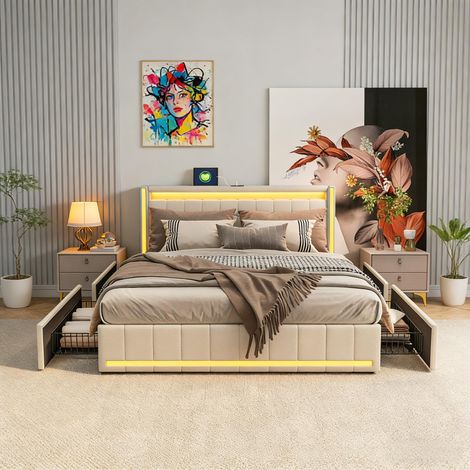 FOERPL-Gepolstertes Doppelbett 140 x 190 cm mit LED-Beleuchtung und USB-/Typ-C-Anschluss, gepolstertes Bett mit 4 Schubladen, gestepptes 2-Personen-Bettgestell mit Lattenrost, Betten für Erwachsene