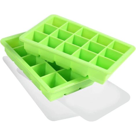2 Grands Bacs à Glaçons Silicone avec Couvercle, Lot de 2, 15 Cavités, Empilables et Gain de Place, Certifié LFGB, Sans BPA, Vert (1/5)