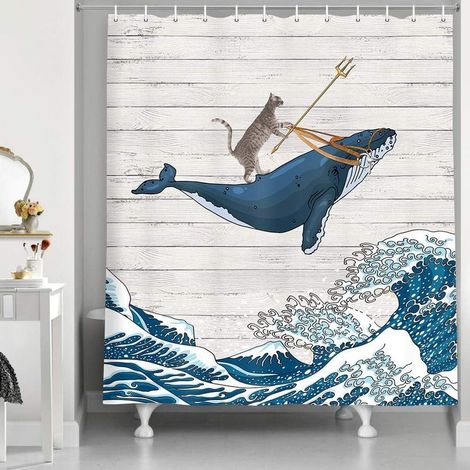 Rideau de douche humoristique en forme de chat, motif baleine dans l'océan, vague vintage, tissu oriental vintage, Kanagawa japonais vague pour salle de bain, 12 crochets, 177,8 x 177,8 cm (1/3)