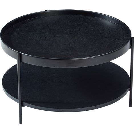 Table basse ronde à 2 niveaux en bois massif et métal, 69x69x38 cm, disponible en frêne naturel, noyer ou noir (1/5)