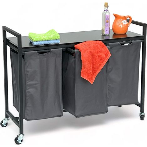 DanDiBo Panier à linge 3 compartiments avec étagère Noir Métal 96500 Collecteur de linge Chariot à linge à roulettes Panier à linge Sac à linge Moderne (1/5)