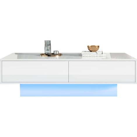 Table basse moderne blanche brillante 115x55x34 cm avec 2 tiroirs, LED et charge max 30 kg