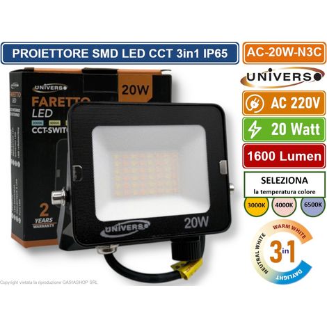 UNIVERSO AC-20W-N3C FARO PROIETTORE SMD LED FLOODLIGHT 20W SLIM IP65 COLORE NERO CCT 3in1 COLORE LUCE SELEZIONABILE