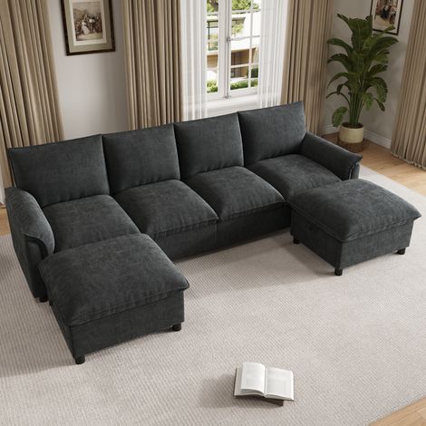 Canapé d'angle modulable en forme de U 264,5 x 142,5 x 84 cm avec 2 repose-pieds amovibles et rangement dossier haut Chenille Noir (1/5)