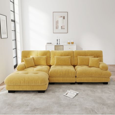 Canapé d’angle modulaire 313x145x81 cm jaune en chenille avec ottomans mobiles et assise profonde (1/5)