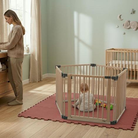 Safetots Wooden Play Den Pentagon 5 x 80cm, Natural Wood, 76cm High, with Soft Foam Play Mat, Warm Rose, 150cm x 150cm