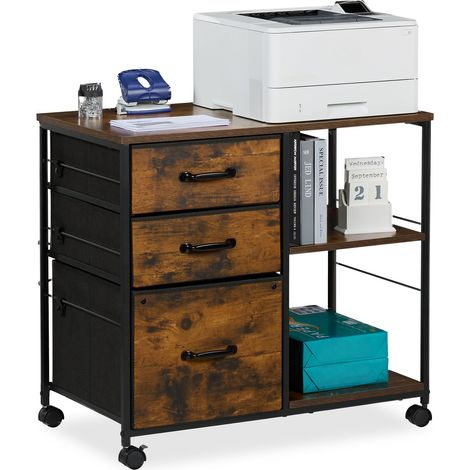 Relaxdays Mobile Filing Cabinet, 3 Drawers, Suspension Files, Industrial Style Shelves, 68x75x40 cm, Office, Brown/Black (1/5)