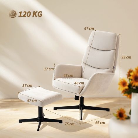Fauteuil lounge rembourré dossier haut avec pouf, piètement métal, couleur beige, pour salon ou chambre, assise confortable, ensemble 2 pièces (1/5)