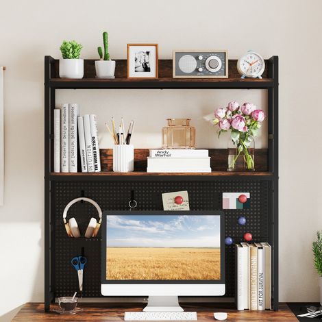 Étagère de Bureau Console de Bureau à 2 Niveaux Polyvalente avec Panneau Perforé Organisateur de Rangement Industriel Brun Rustique (1/3)