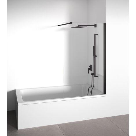 Badewannenabtrennung mit feststehender Frontscheibe – Transparent – 6 mm starkes, kalkabweisendes Hartglas – Mattschwarze Profile – Breite anpassbar von 98 bis 100 cm – Höhe 145 cm