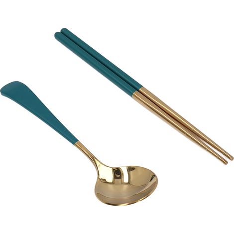 Ensemble de couverts vert et doré, design élégant avec finition miroir, réutilisable et écologique