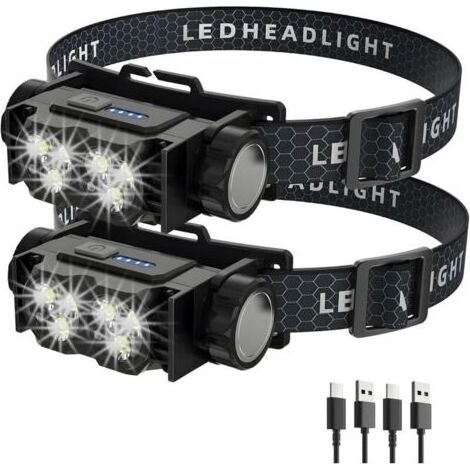 Lot de 2 lampes frontales LED rechargeables – Étanche, affichage de la batterie en temps réel, légères et compactes, idéales pour le camping, la randonnée et le travail, noires