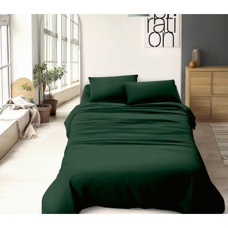 Set Lenzuola 100% Cotone Di Flanella Completo Letto Made In Italy Anti-Pilling Tinta Unita Lenzuolo Sopra Sotto Federe  Verdone - Francese