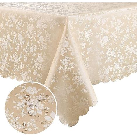 Nappe rectangulaire en vinyle imperméable et durable, facile à nettoyer d'un coup d'éponge, lavable, adaptée aux cuisines (beige, 152 cm x 213 cm). (1/5)