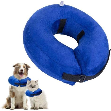 Collier gonflable conique pour chiens et chats, collier de protection réglable avec velcro, adapté aux animaux de compagnie, chats et chiens après une intervention chirurgicale ou une blessure (bleu, (1/4)